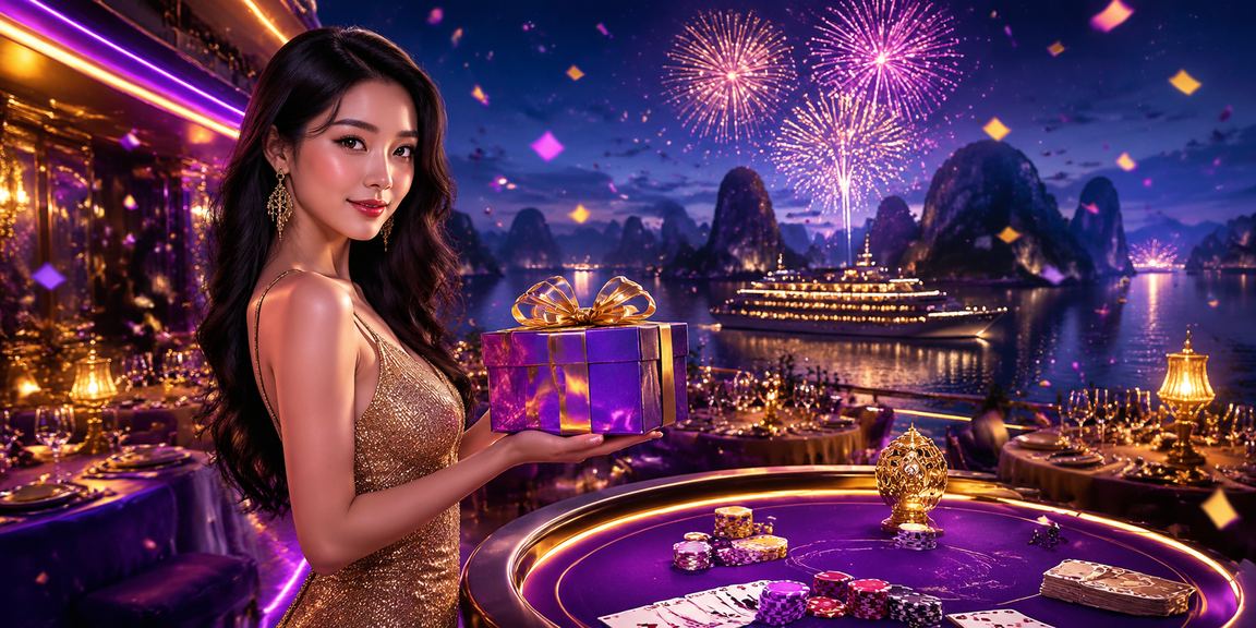 Vịnh Hạ Long với ánh neon và bối cảnh trò chơi bài trực tuyến
